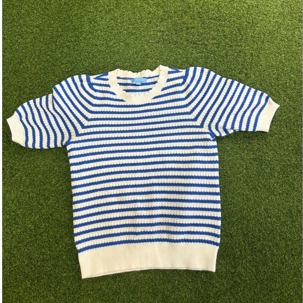 Draper James Blue White Striped Short Sleeve Scallop Neck Knit Sweater Medium